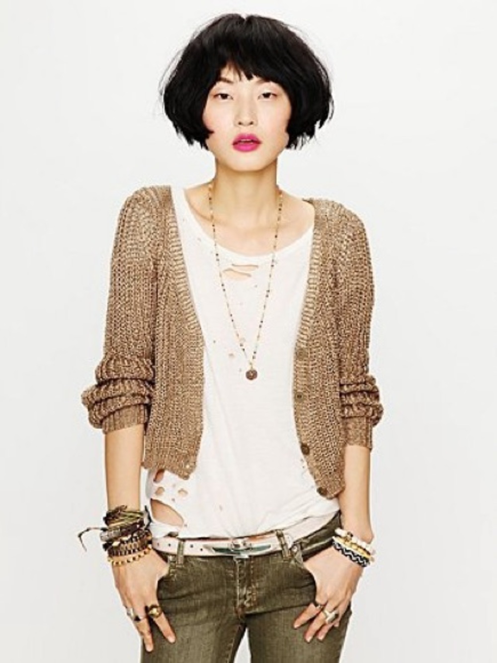 Free People Metallic Gold Cropped Chunky Knit Cardigan Size XS EUC